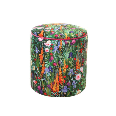 VELVET UPHOLSTERED FOOTSTOOL POUFFE IN CHELSEA FLORAL VELVET WITH PINK PIPING