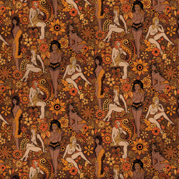 Summer of Love velvet fabric.features seductive "flower children" frolicking within a psychedelic botanical nirvana. This fabric print was inspired by an original wallpaper from the 1960s, and offers a novel twist on the kitsch Flower Power patterns of the past, teleporting your space back to the summer of '67. Peace out.