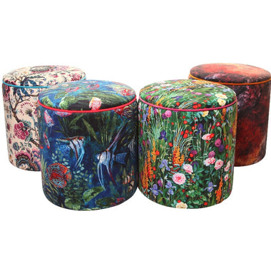 ROW OF FOUR POUFFES FOOTSTOOLS IN DIFFERENT VELVETS MADE BESPOKE
