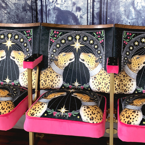 set of three vintage cinema seats upholstered in panthere noel velvet  with pink borders