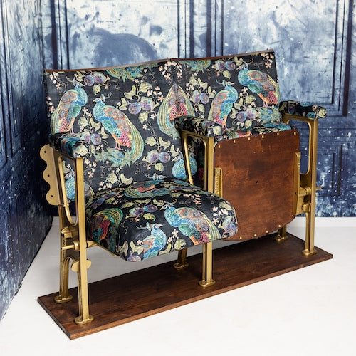 set if two vintage cinema seats refurbished and uphoksteted in black peacock velvet